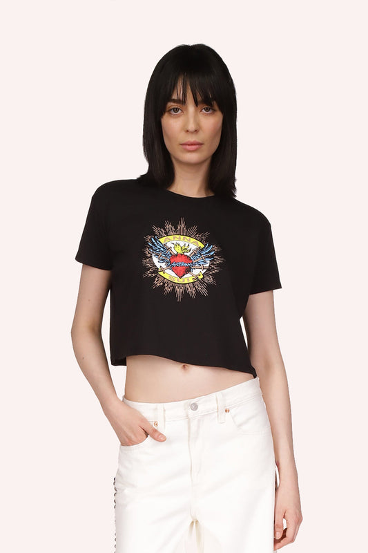 Sacred Heart T-Shirt in Black Multi is a short-sleeved t-shirt, which ends above the belly button