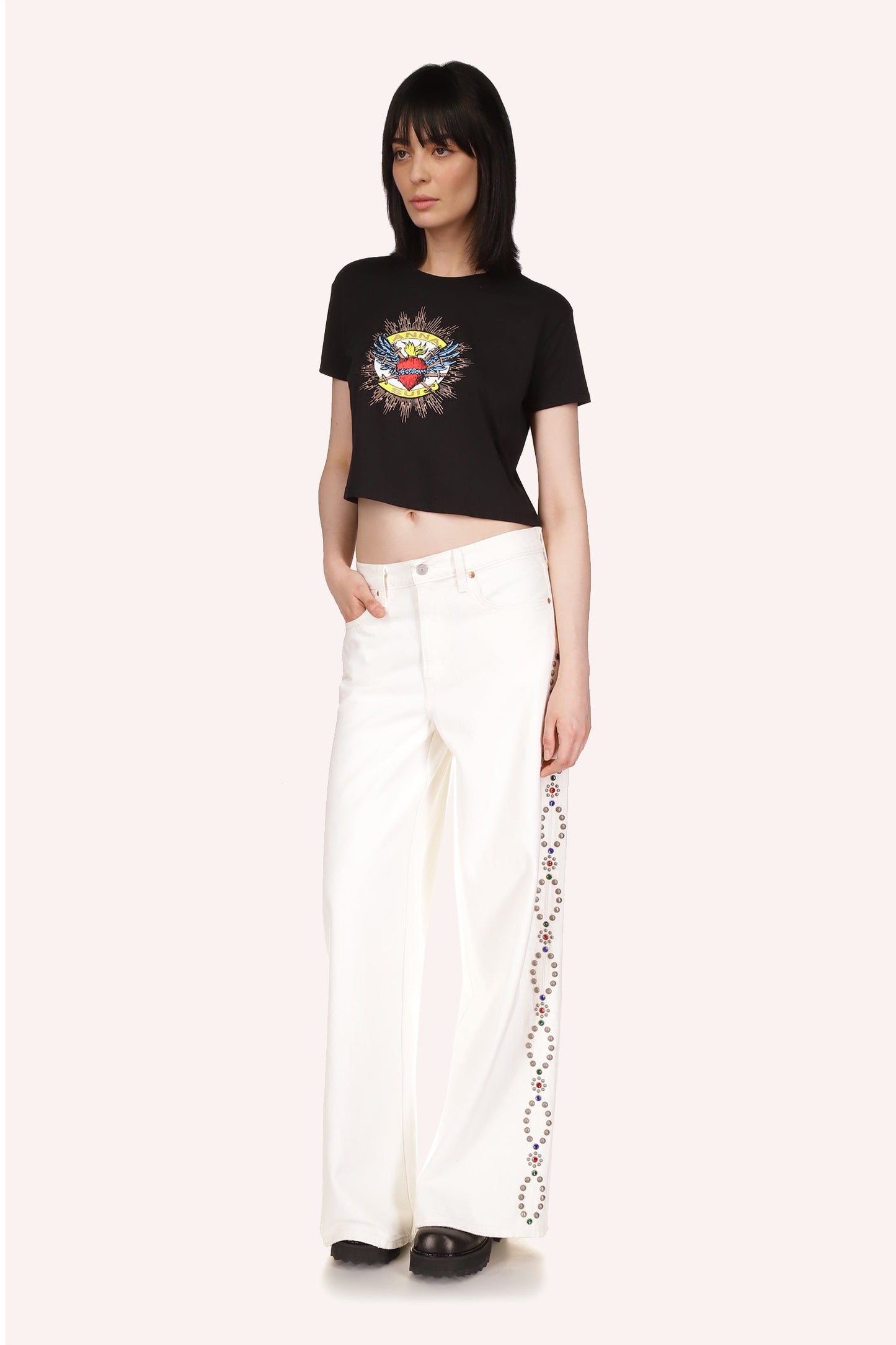 The Anna Sui Sacred Heart Cropped T-Shirt in Black Multi is a short-sleeved t-shirt