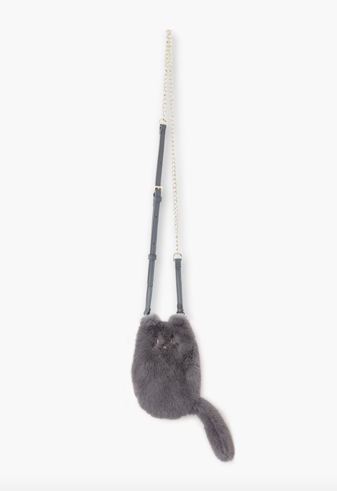 Crossbody Bag Finished in a fuzzy grey faux fur adding the illusion of the bag resembling a kitten