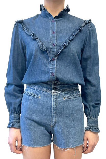 Vintage Seventies Geoffrey Beene Denim Ruffle Top