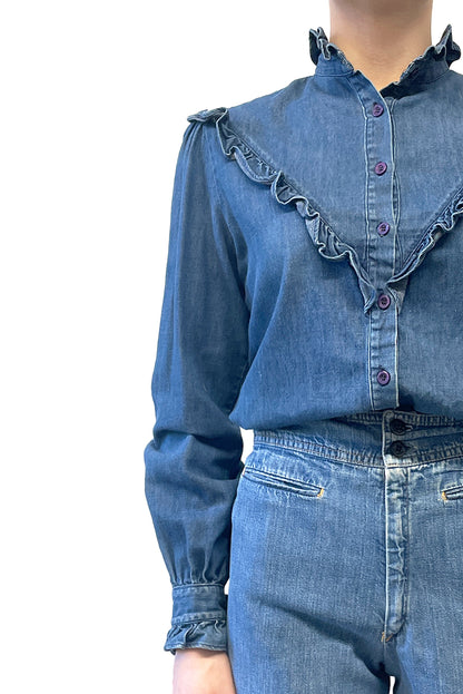 Vintage Seventies Geoffrey Beene Denim Ruffle Top