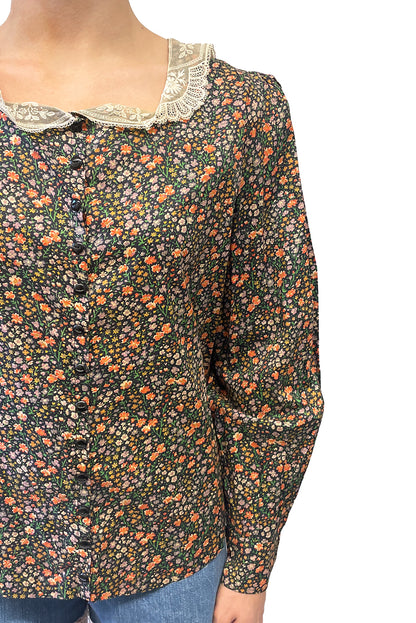 Vintage Lace Collared Floral Button Up Blouse