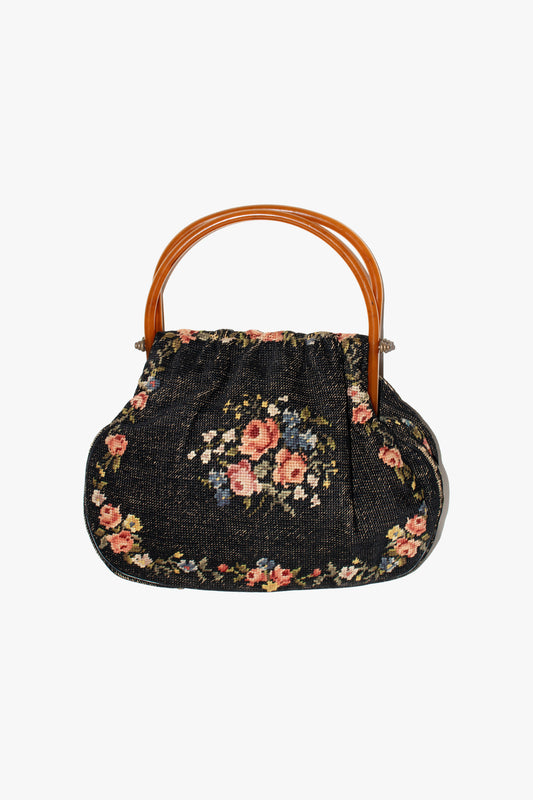 Vintage Needlepoint Garden Rose Purse