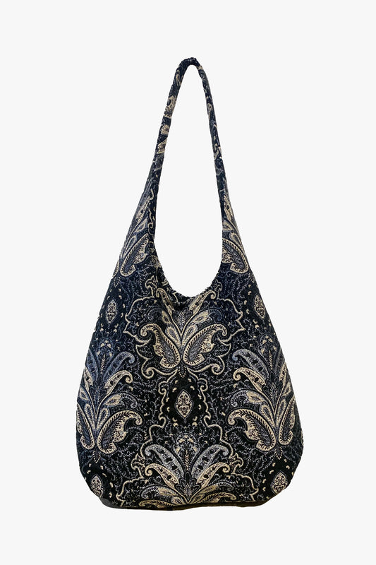 Tapestry hobo bag, Black, Blue & Gray floral design, rounded shape, 2-straps