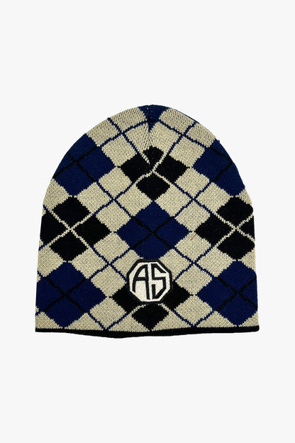 Argyle Beanie with Patch Denim, rounded top, pattern of denim and beige, squares