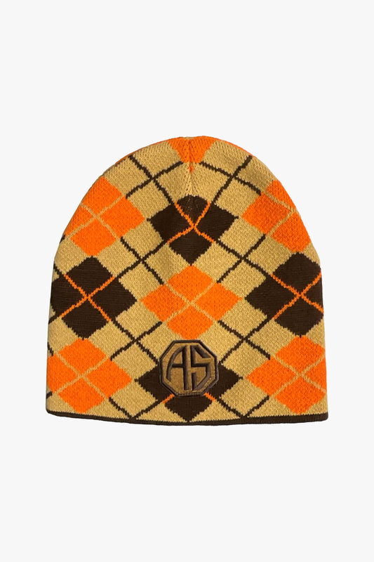 Argyle Beanie with Patch Marmalade, rounded top, pattern of orange, beige, brown squares