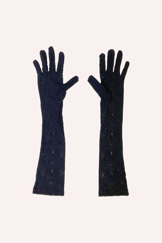Floral Stretch Lace Gloves Black, elbow-length gloves, floral pattern to add glamour to any outfit