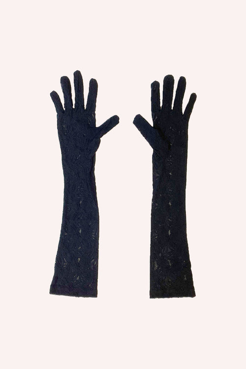 Anna Sui Floral Stretch Lace Gloves in Black Multi, elbow-length gloves, stunning floral pattern adds glamour to any outfit