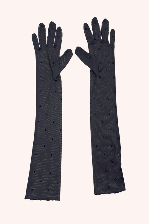 Rhinestone Mesh Gloves Black, small darker stones arranged placed in a diamond shapes, elbow long 
