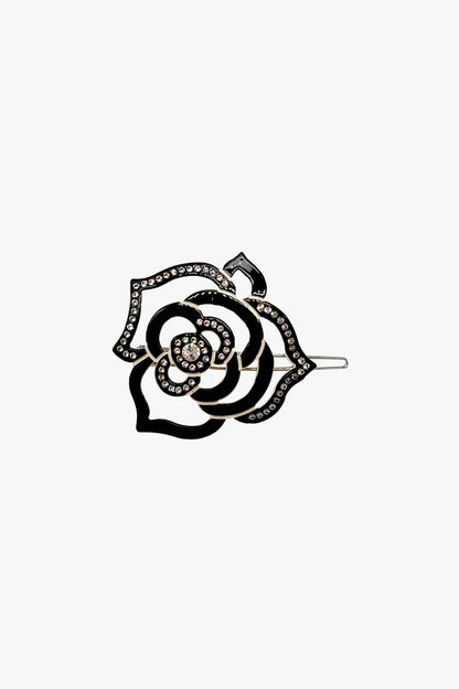 Cutout Crystal Embroidered Rose Side Barrette-Black