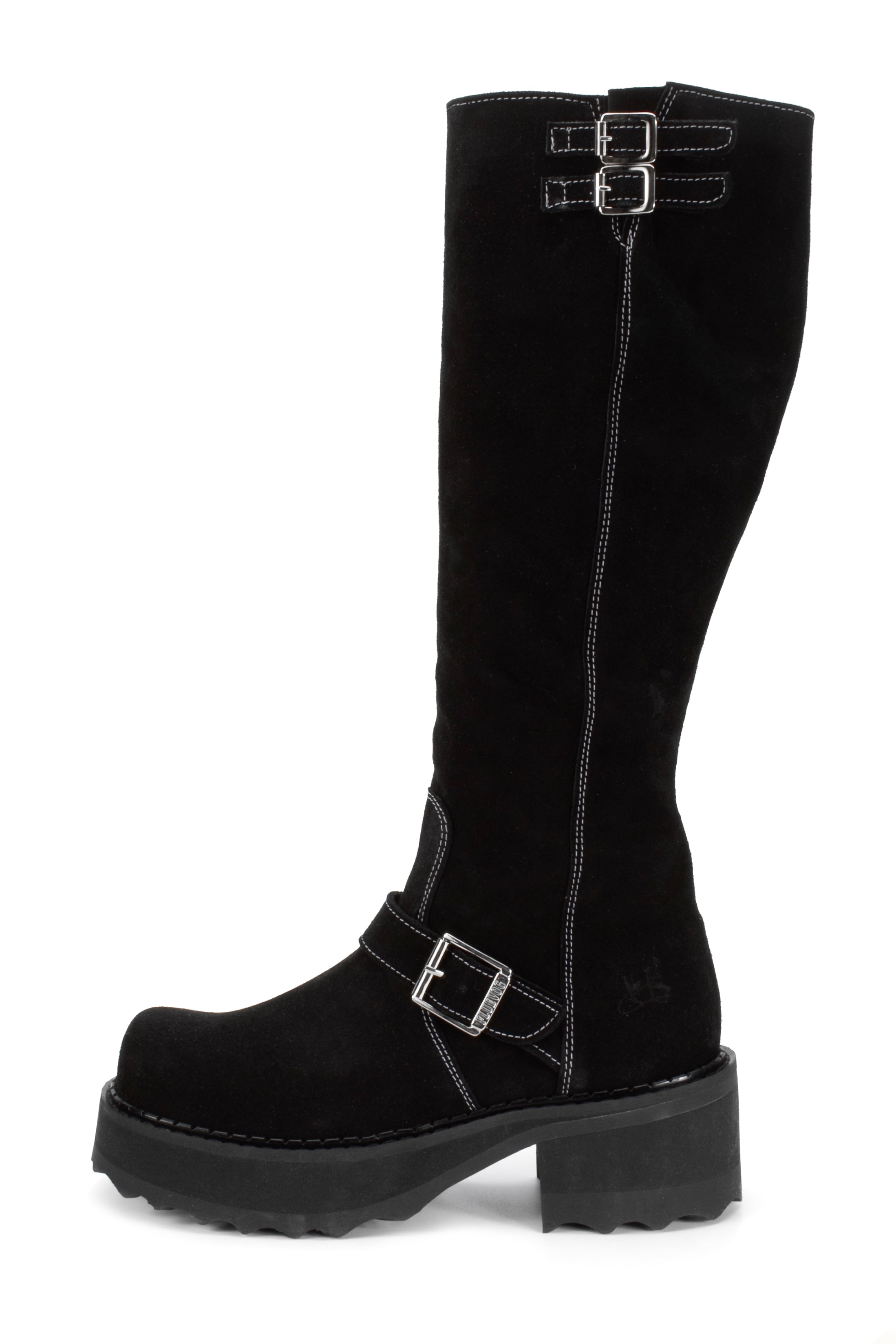 The Anna Sui x John Fluevog Bondgirl Boot in Black is an under-the-knee-high, black suede boot with a leather top sole and a heel height of 1.5