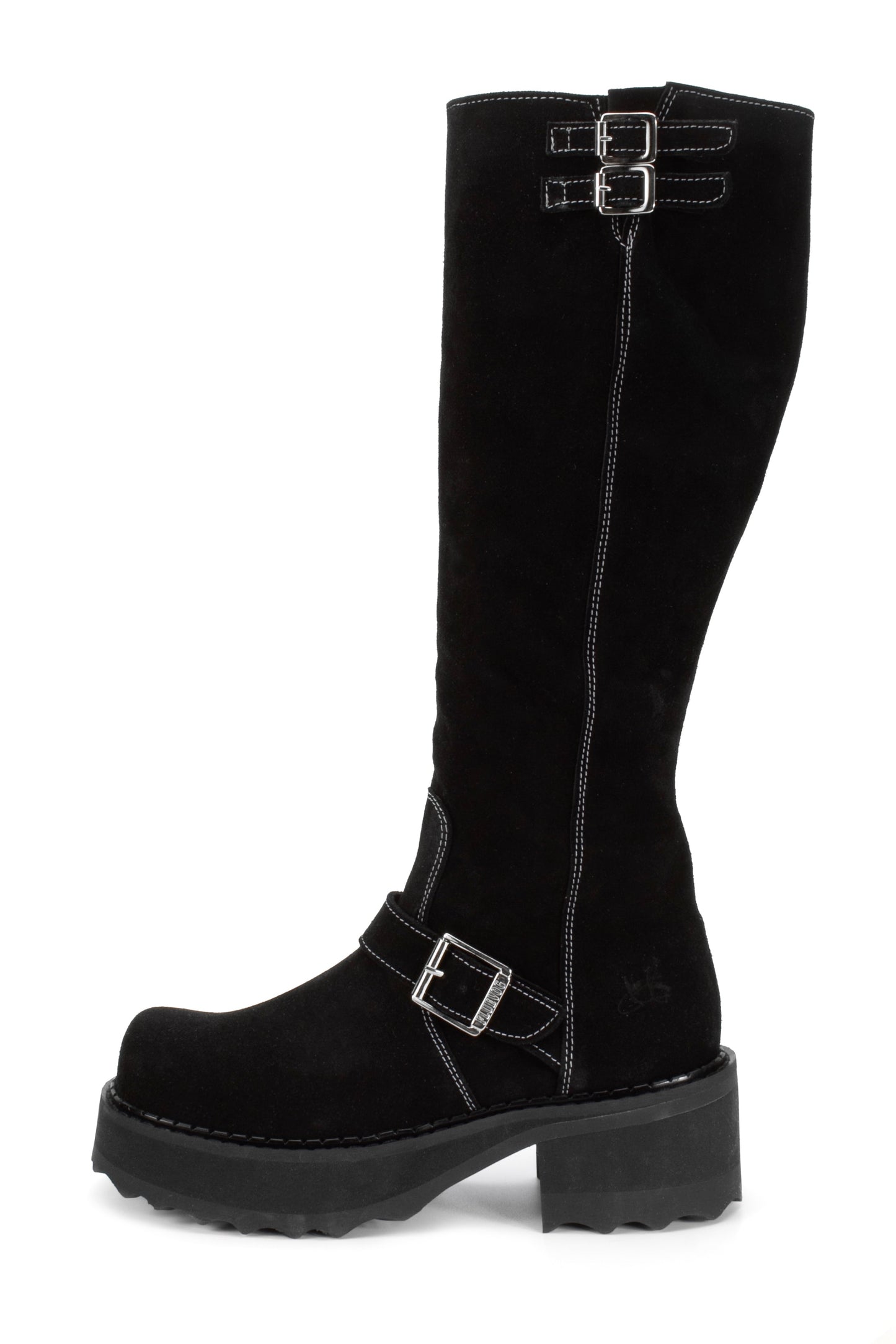 Black suede Boot, under-the-knee-high, high sole, white stiches for highlight