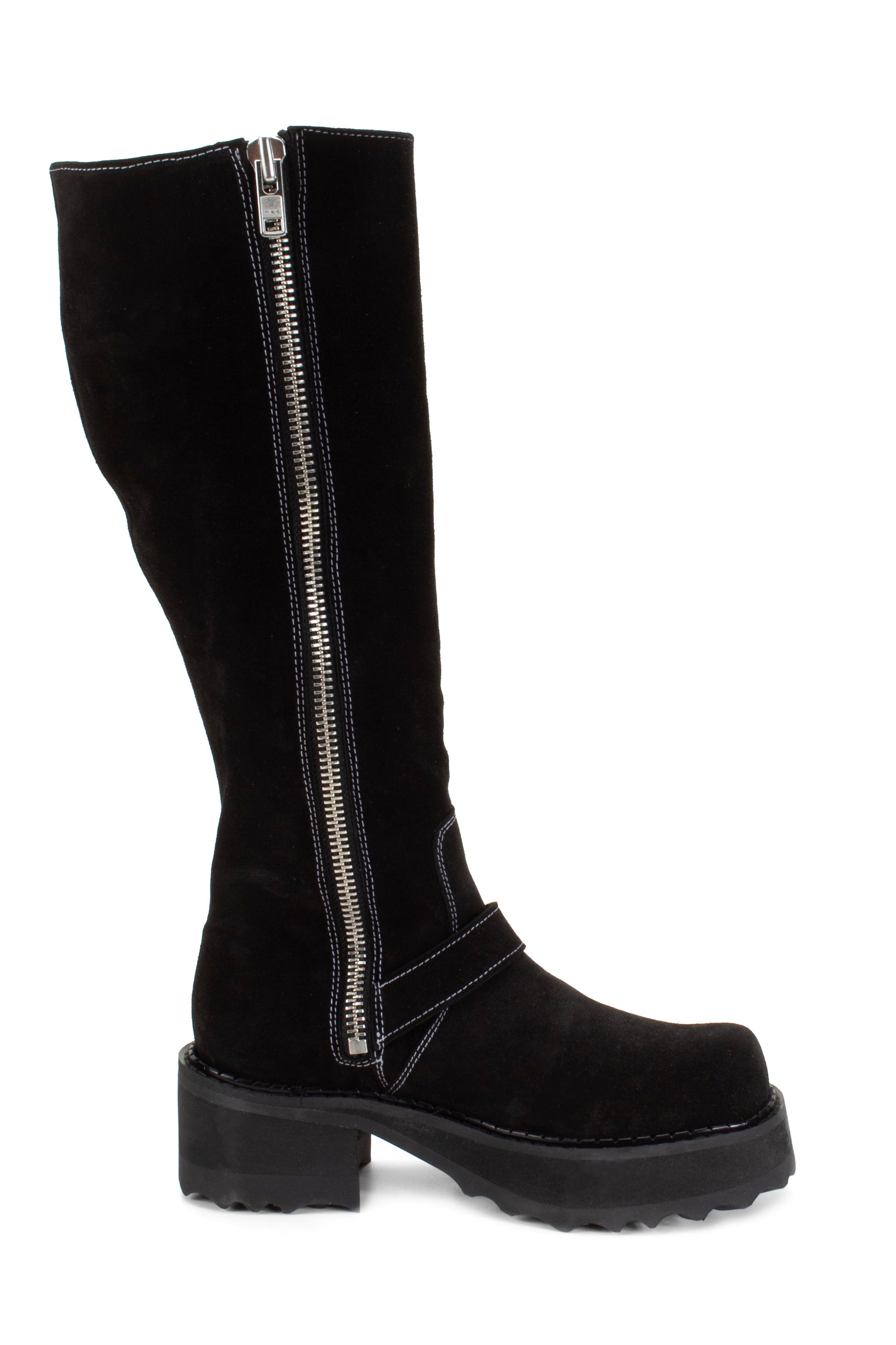 Large zipper inside the boots from top to bottom with white stitches start from the top