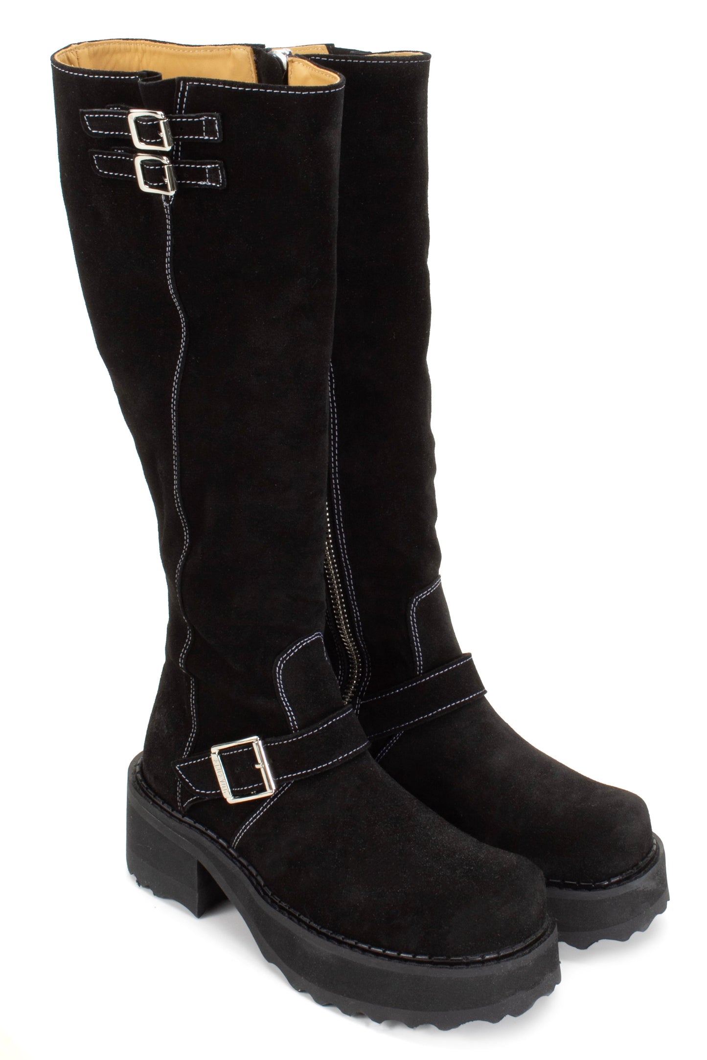 Black suede Boot, under-the-knee, 2 buckles at top, 1 on foot with large belt, high heel 