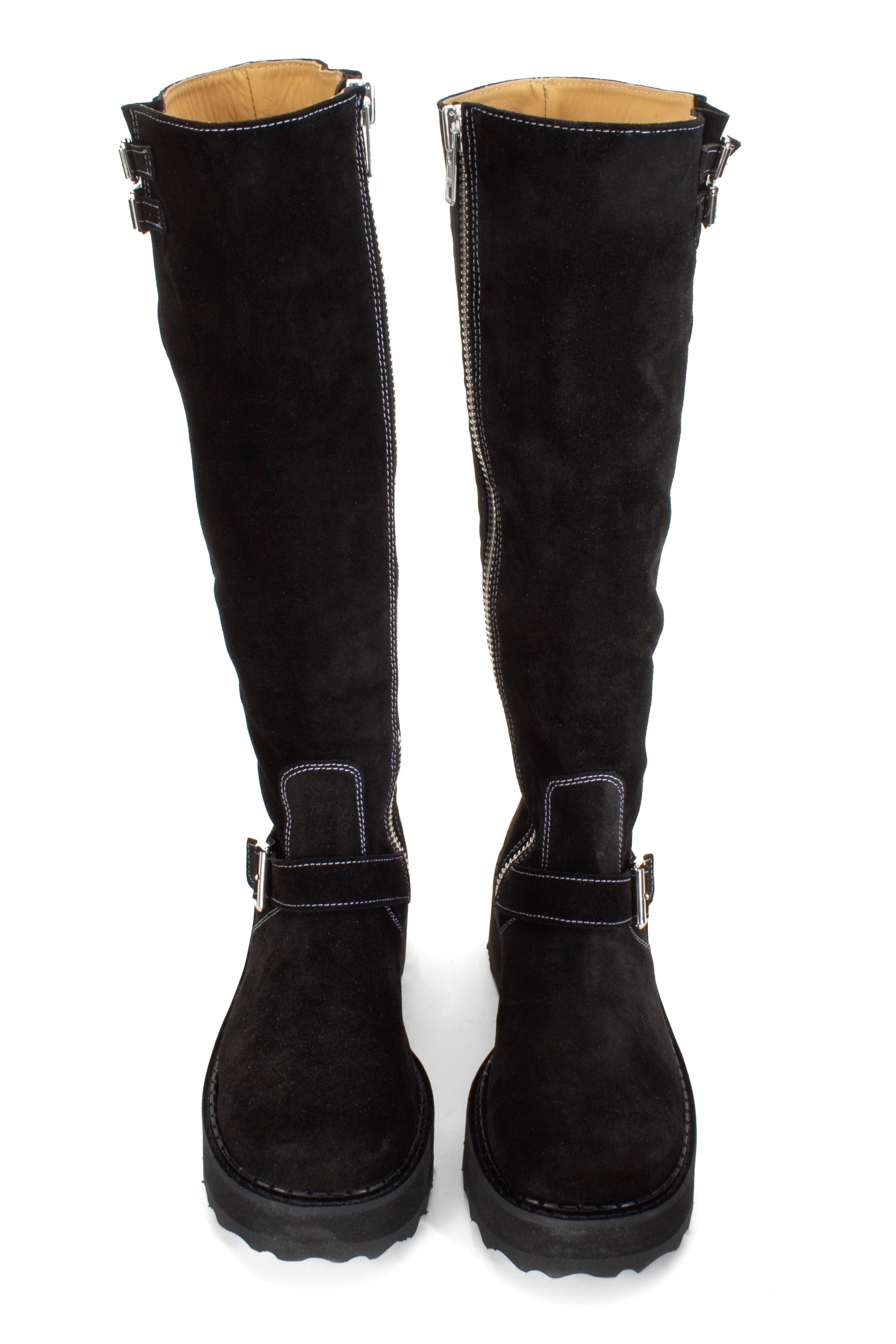 Boots in Black are an under-the-knee-high, silver buckles with white stiches