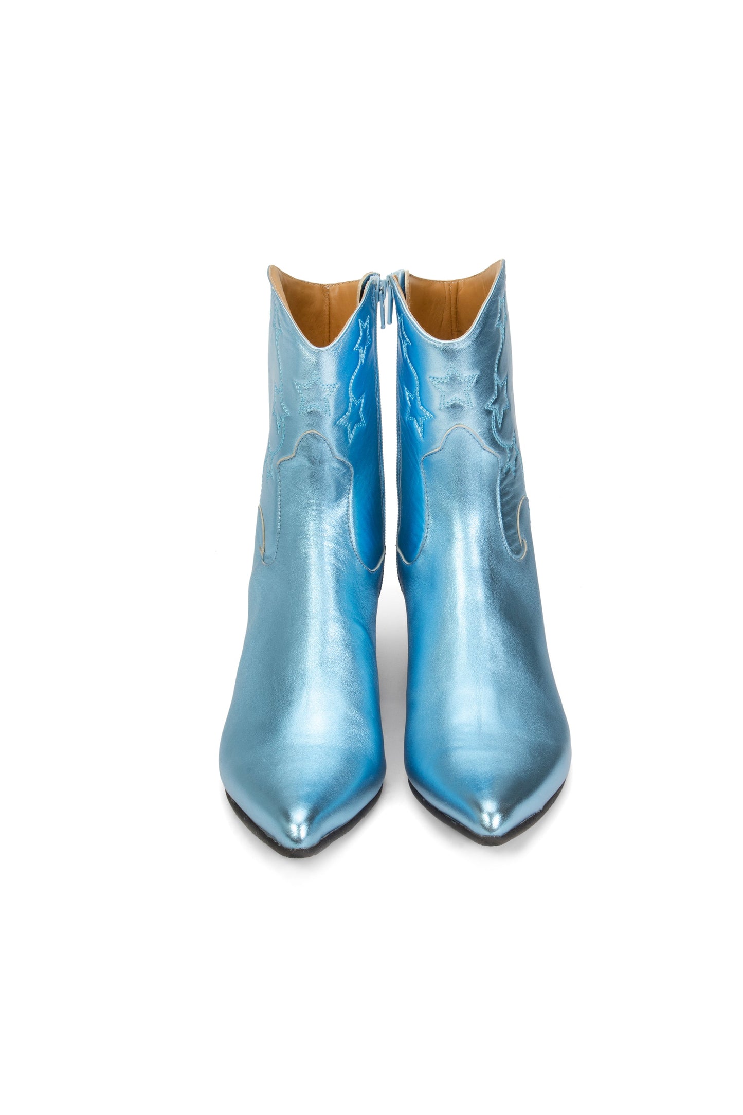 Metallic blue Carefully stitched and crafted boots with the same pattern on the ankles and front part