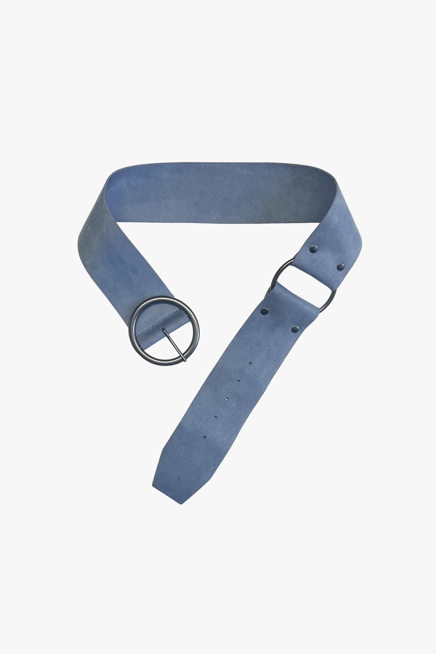 Blue belt with a silver buckle on a white background.