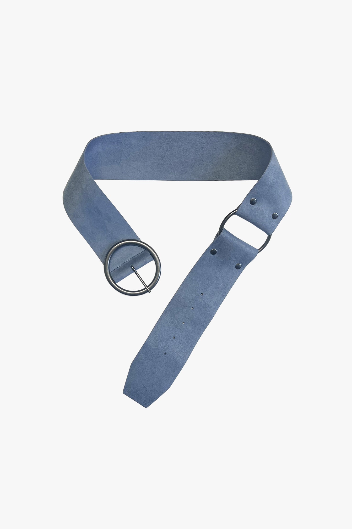Blue belt with a silver buckle on a white background.