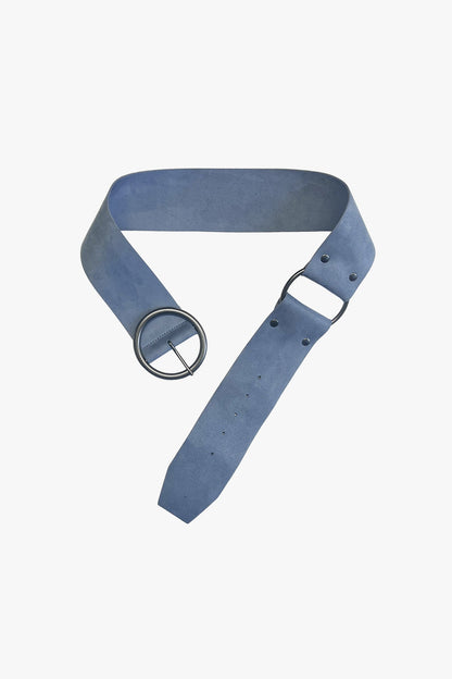 Blue belt with a silver buckle on a white background.