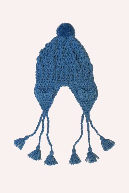 Cornflower crochet hat with pom-pom and butterfly-shaped rose flaps, 3 strings on each side, and bobbles at the end