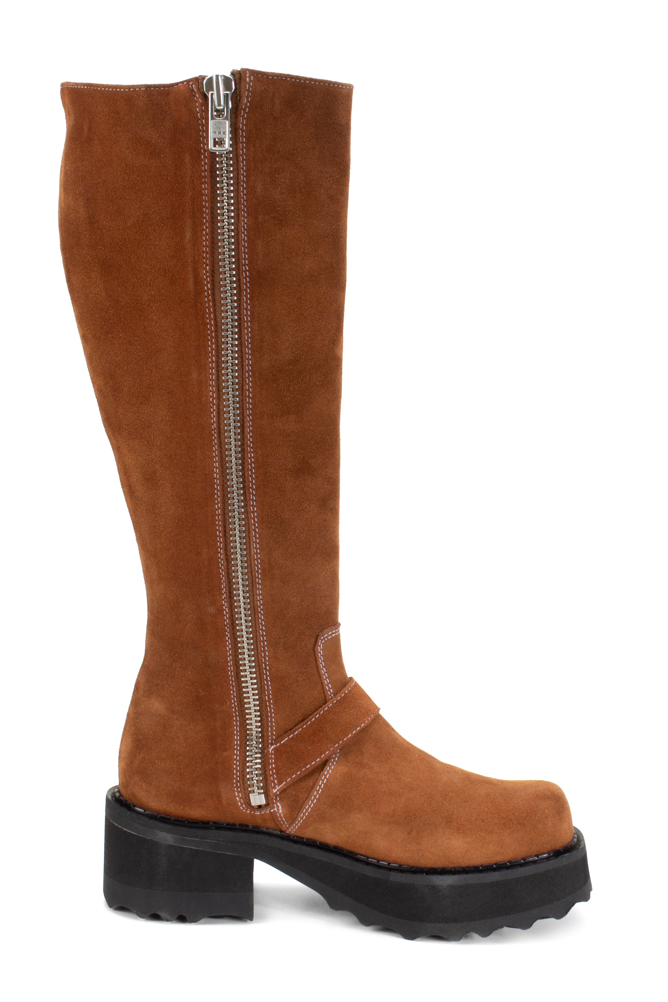 A large zipper inside the boots from top to botom, white stitches start from the top and go all the way down to the sole