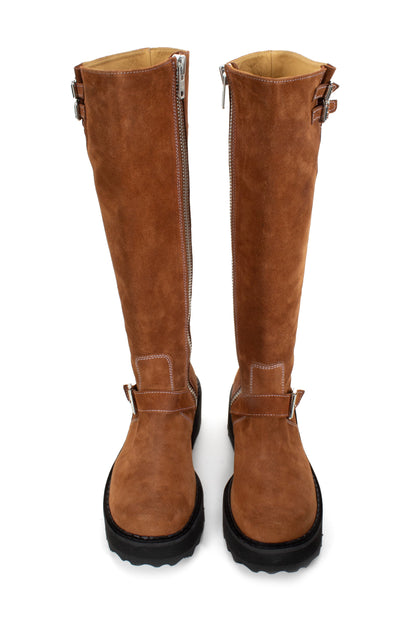 Boots in Brown are an under-the-knee-high, silver buckles with white stiches