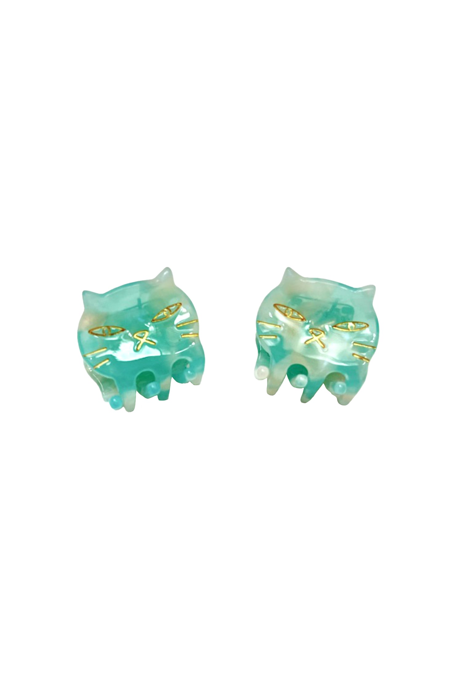 Pastel Meow Cat Jaw Clip Pair, aqua cat head, golden highlight, cat head used to open the hair jaw  