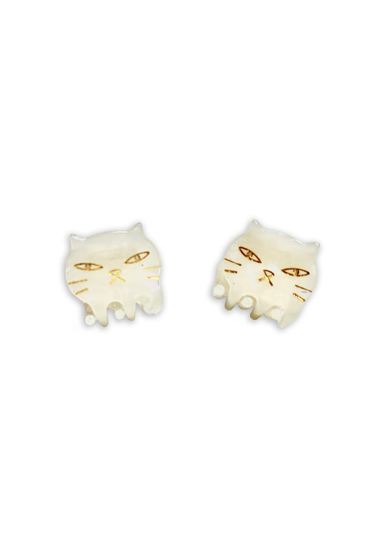 Cat Jaw Clip Pair, pearl white cat head, golden highlight, cat head used to open the hair jaw  