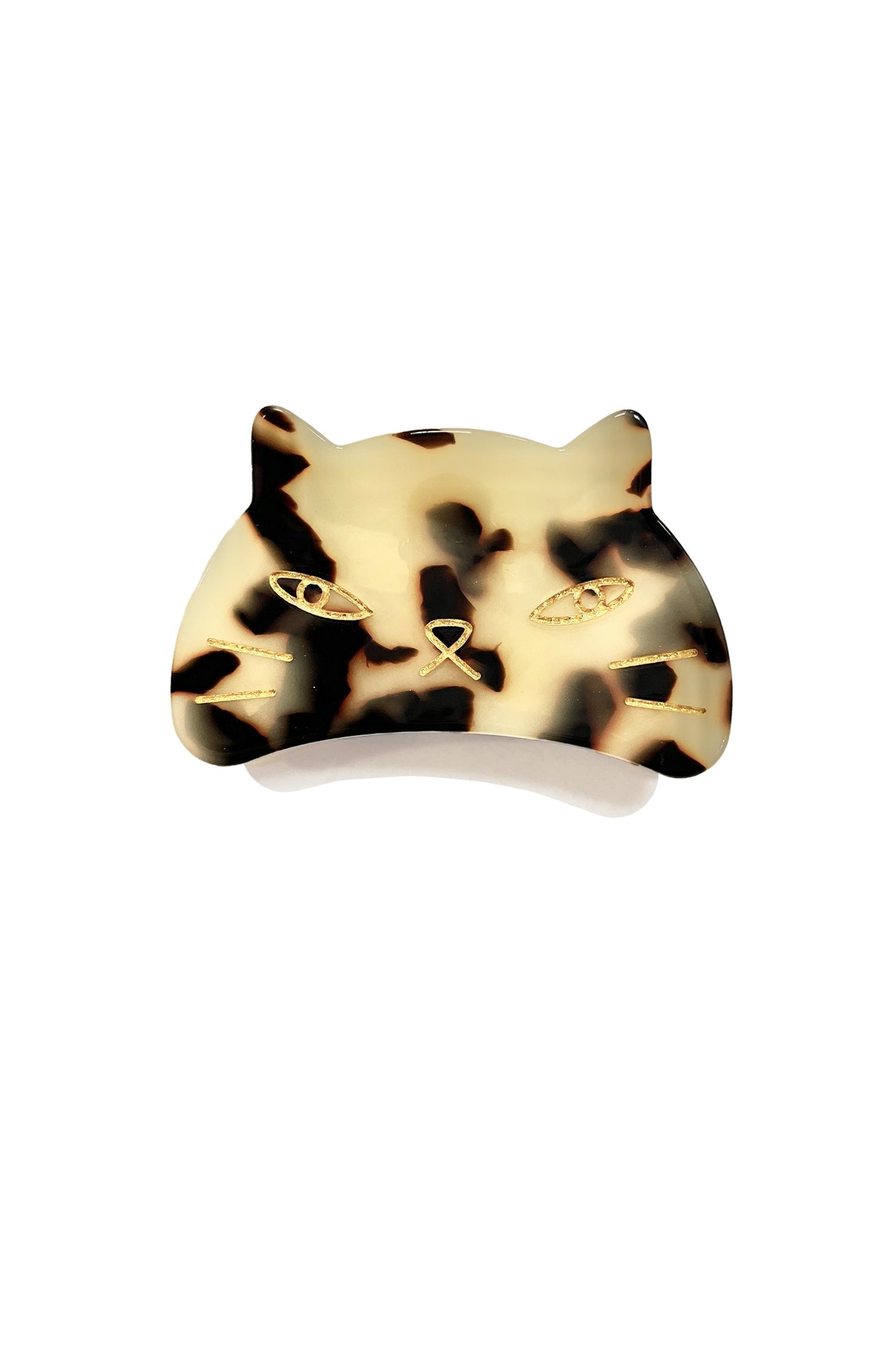 Etched Large Cat Jaw Clip, white Tokyo cat head, golden highlight, cat head used to open the hair jaw  