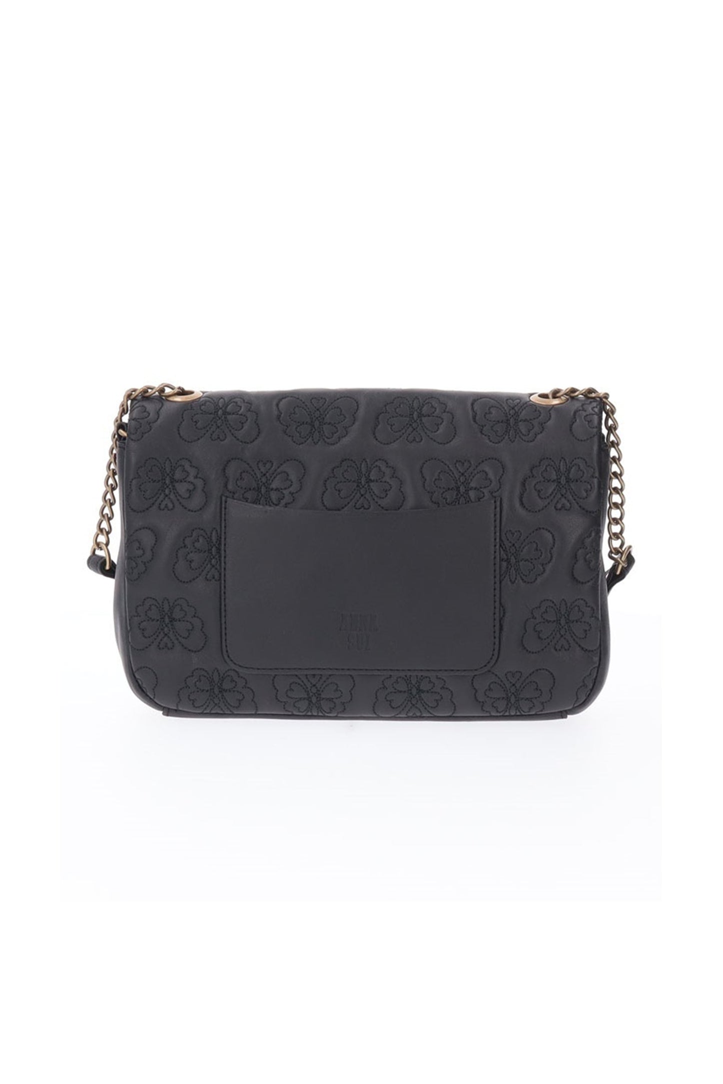 Chase Crossbody leather embossed with Anna Sui signature butterflies, a side pocket on the back