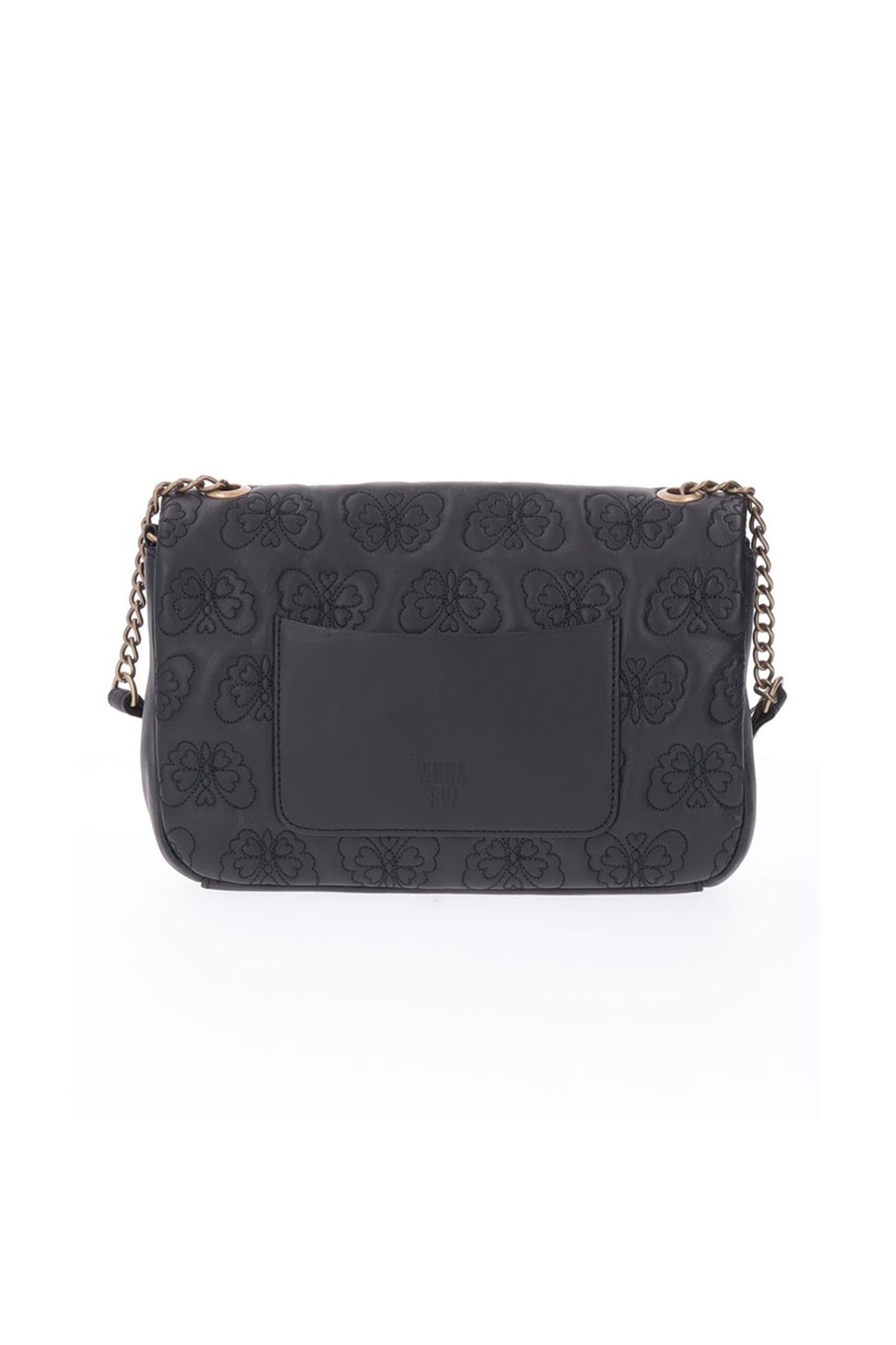 Chase Crossbody leather embossed with Anna Sui signature butterflies, a side pocket on the back