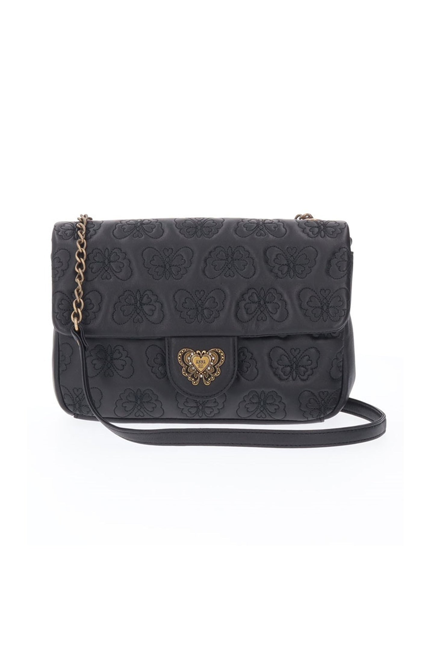 Chase Crossbody is in sheep leather embossed with Anna Sui signature butterflies, shoulder strap