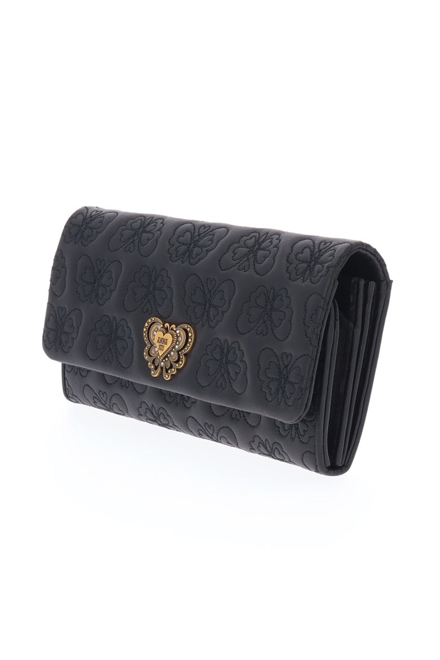 Butterfly embossed leather finishes on the body, front flap with  signature Anna Sui butterfly
