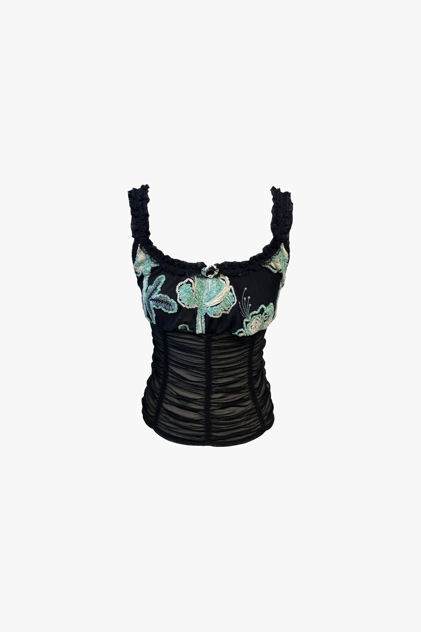 Chenille Embroidered Tulle Knit Ruched Camisole: PRE-ORDER