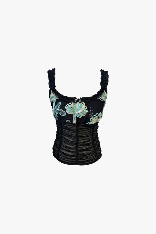 Chenille Embroidered Tulle Knit Ruched Camisole: PRE-ORDER