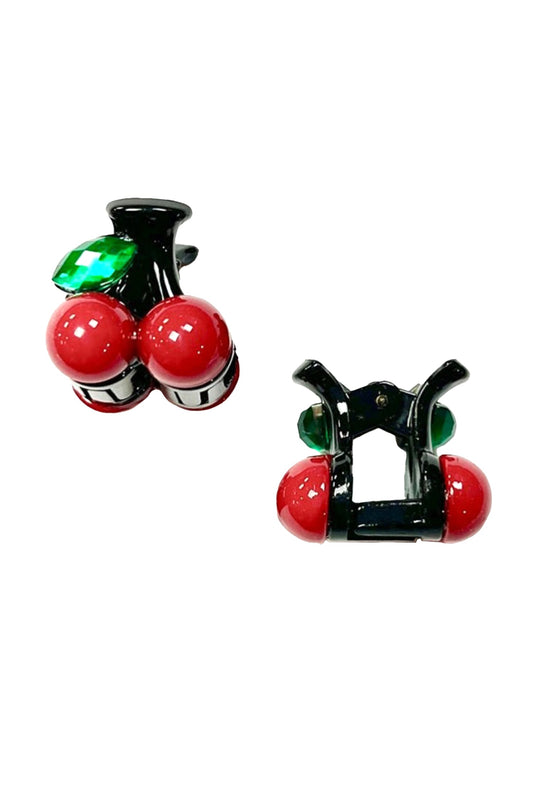 Baby Cherry Jaw Clip Pair of baby cherry jaw clips with two cherries and a green, plastic leaf, black jaw