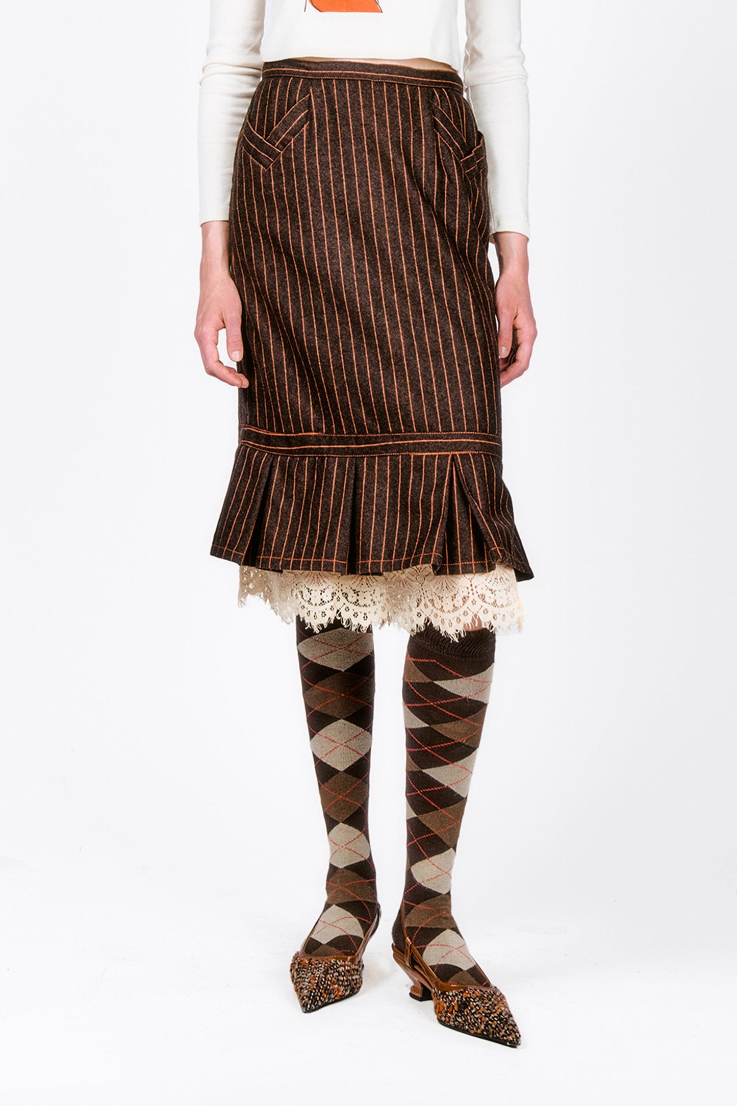 Railroad Stripe Lace Trimmed Skirt, knees long, tobacco with beige strips, white lace at bottom