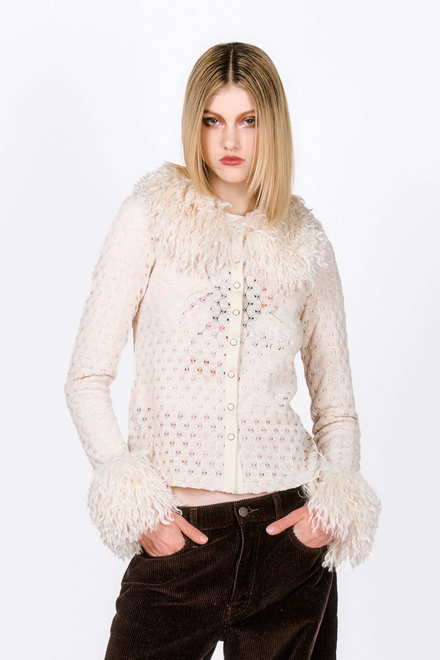 Crochet Knit Top large see-thru stitches, cream faux fur at rounded collar and wrist, 8-buttons