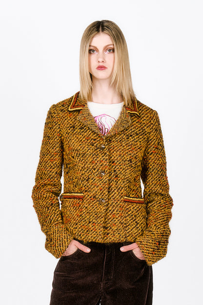 Mustard Tweed Jacket with 2-pockets in front, 3-buttons, v-collar, yellow and brown hems