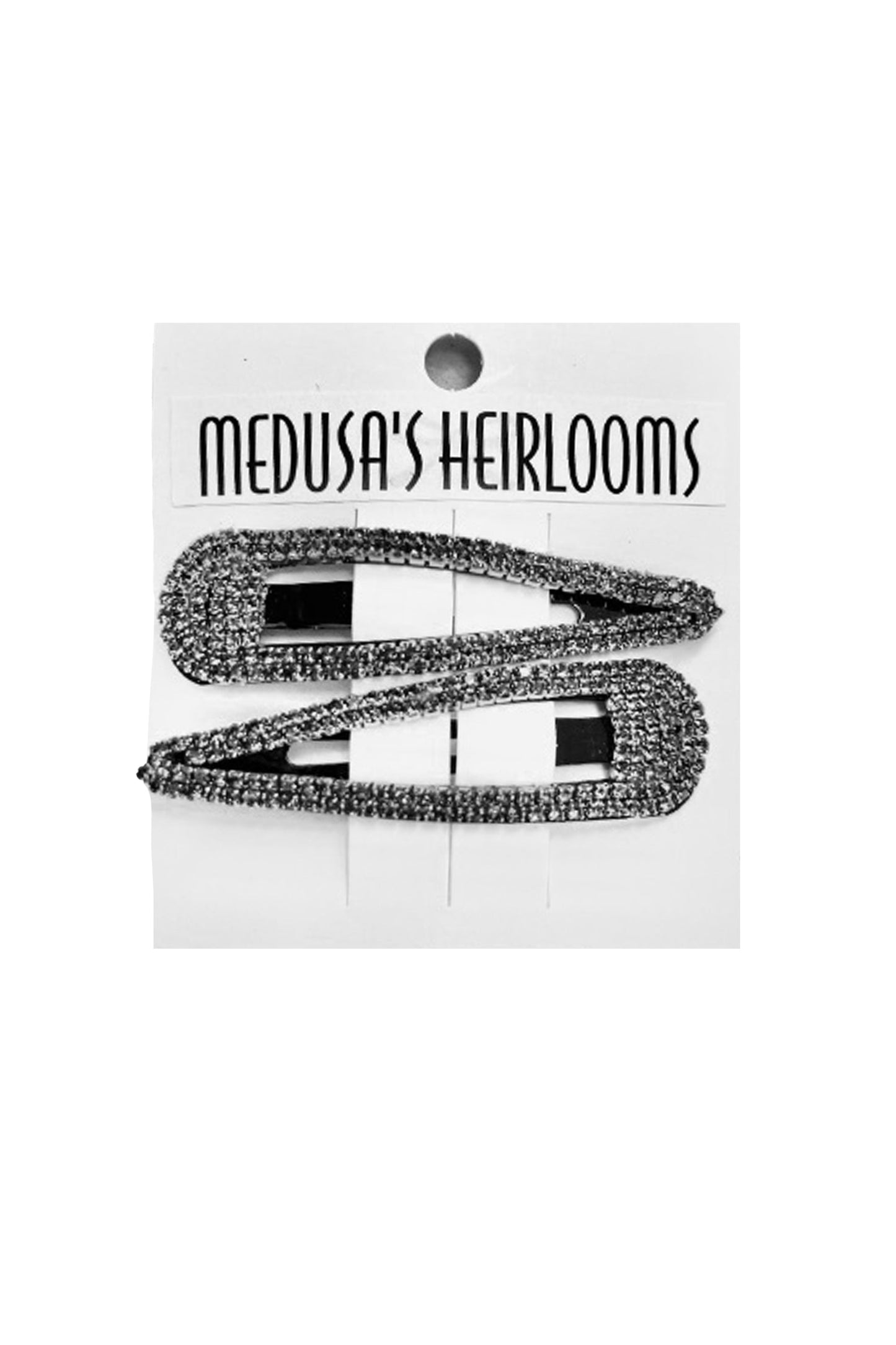Snap Clip, 2-hollow arrowheads shape, black diamond rhinestones edges, Medusa’s Heirlooms display