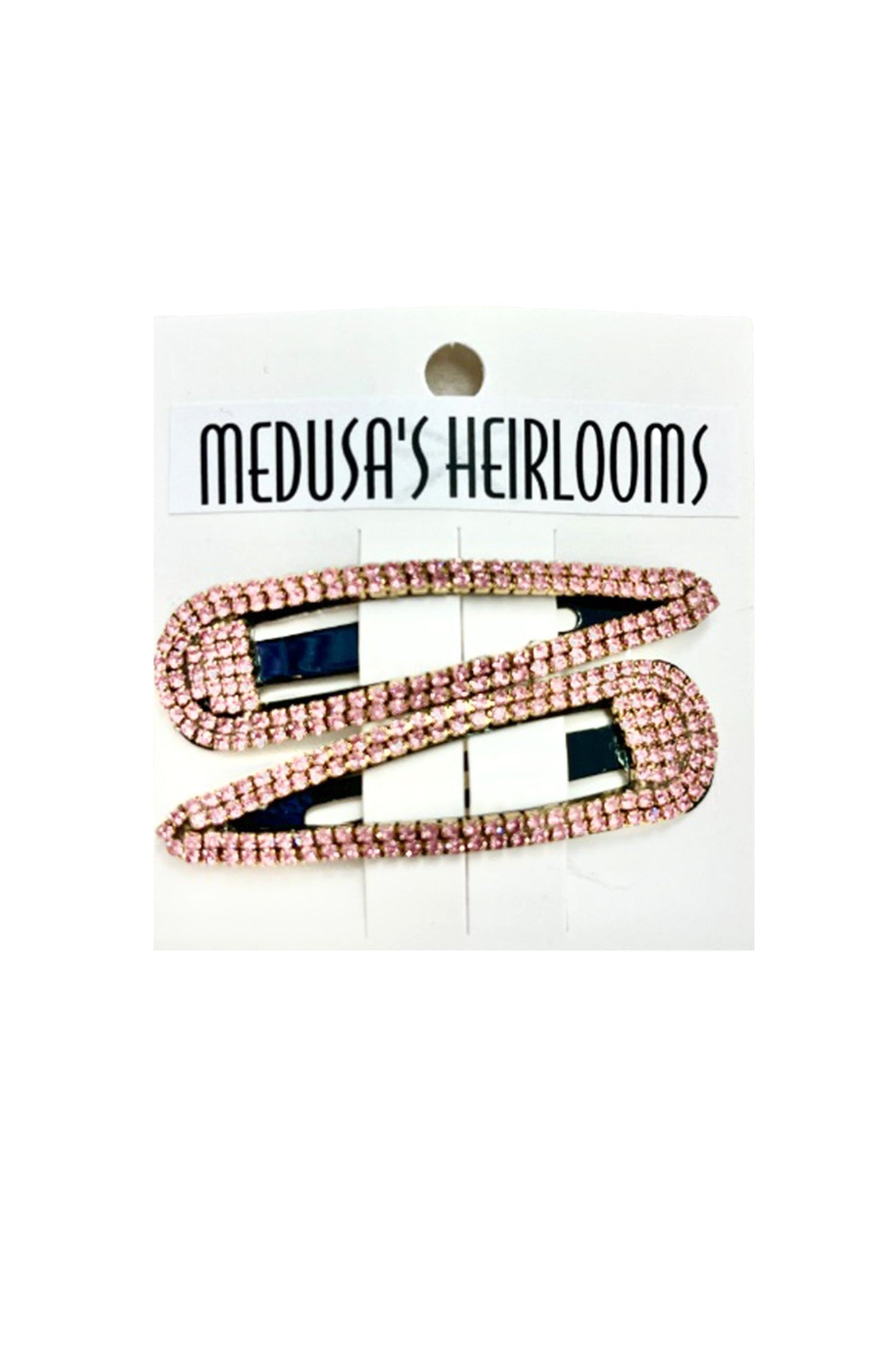 Snap Clip, 2-hollow arrowheads shape, rose pink rhinestones edges, on Medusa’s Heirlooms display