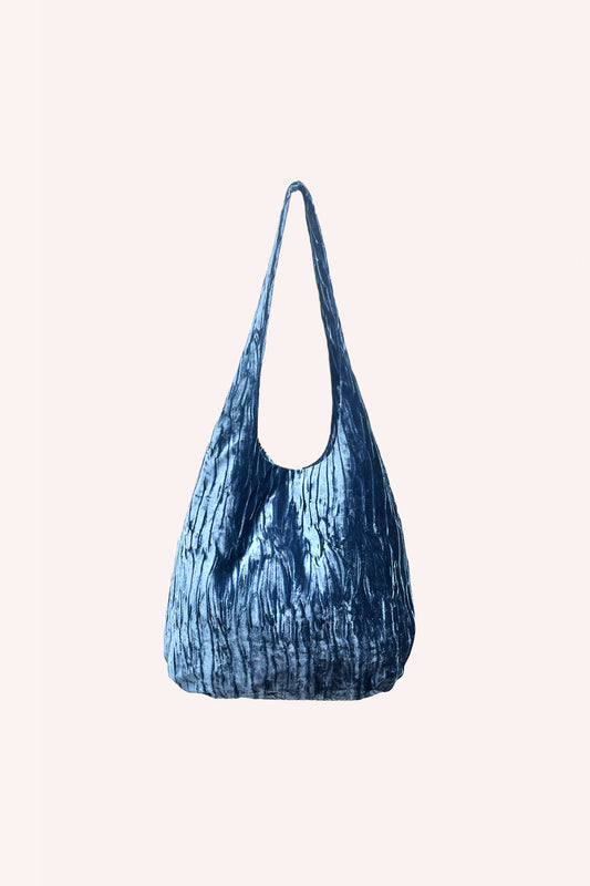Denim Blue Velvet Hobo Bag, metallic blue, long shoulders straps