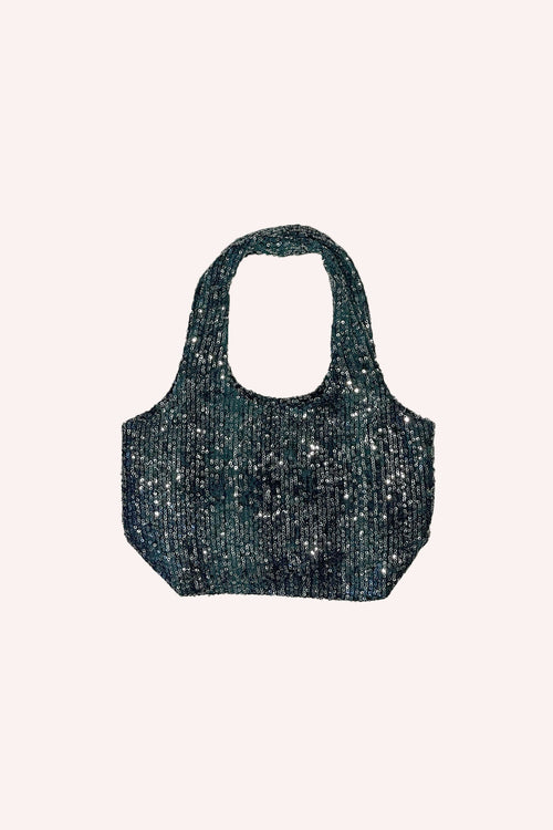 Snakeskin Sequin Mini Bag Emerald Multi is in rectangle shape, with 2 round handles