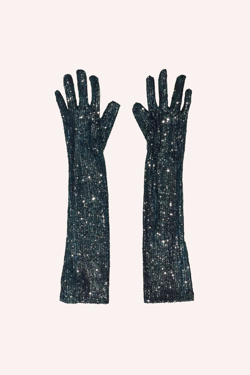 The Snakeskin Sequin Gloves in Emerald are a pair of shiny, elbow-length gloves in a Emerald green color