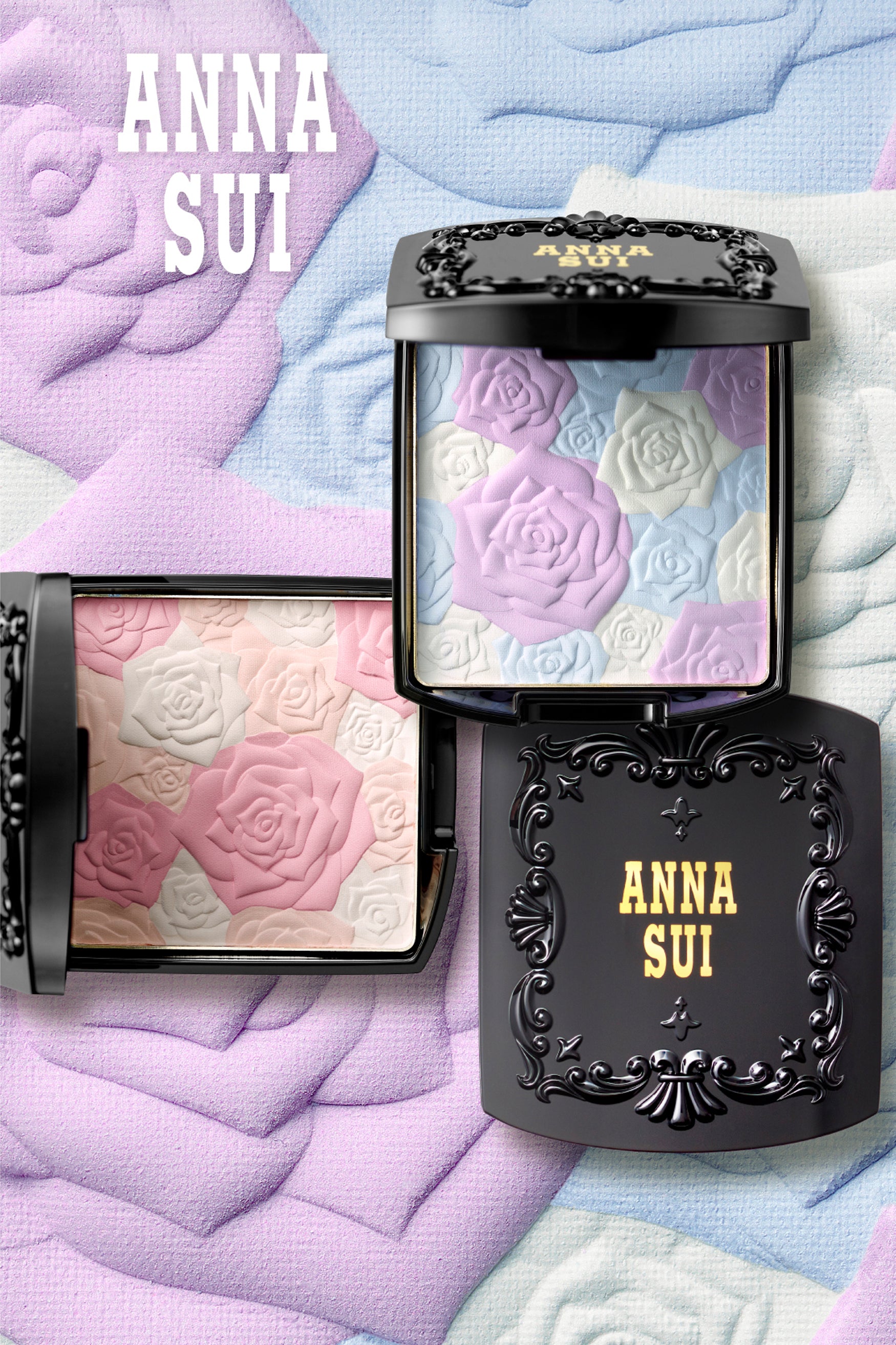 Bouquet of 3-Anna Sui Rose Pressed Powder in black boxes with floral design and gold AS label