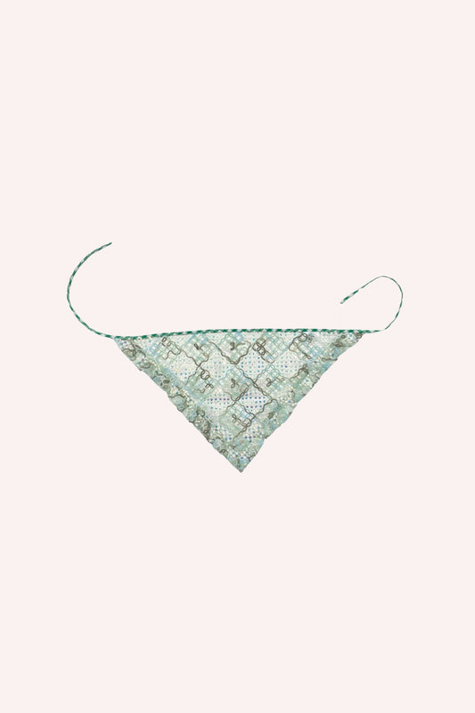 Gingham Headscarf hue of Green Multi, in triangle shape, 2-straps to tied