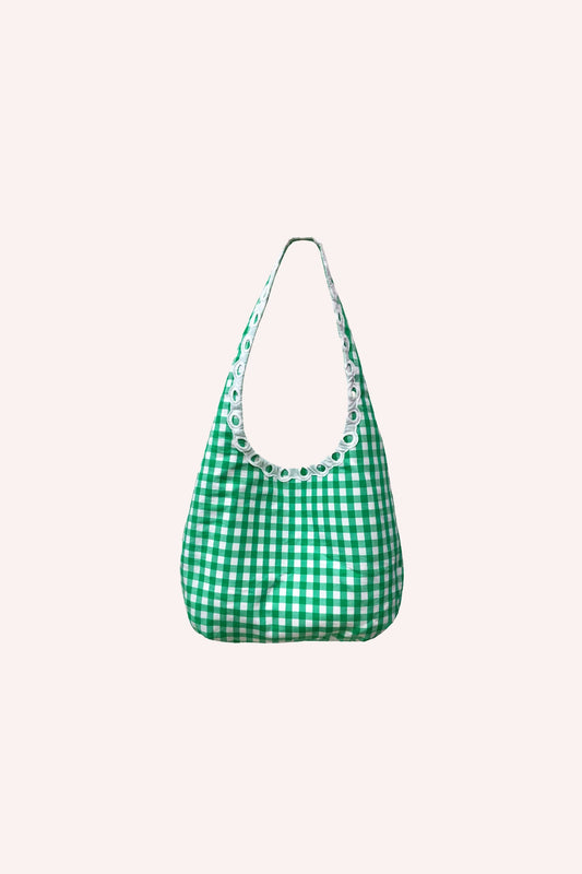 Gingham Tote in green/white squared shape, handles adorned with lace like effect
