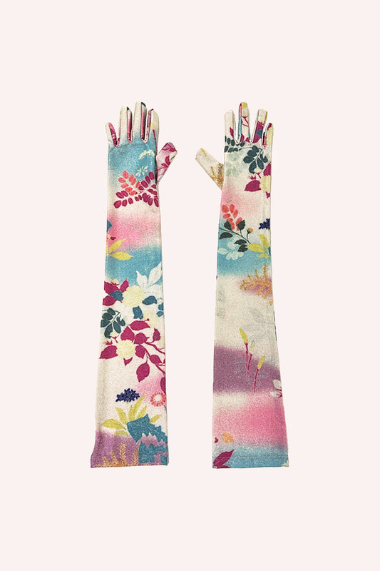Atlantis Garden Lurex Knit Gloves, beige and purple with Azalea floral design, mid-arm long