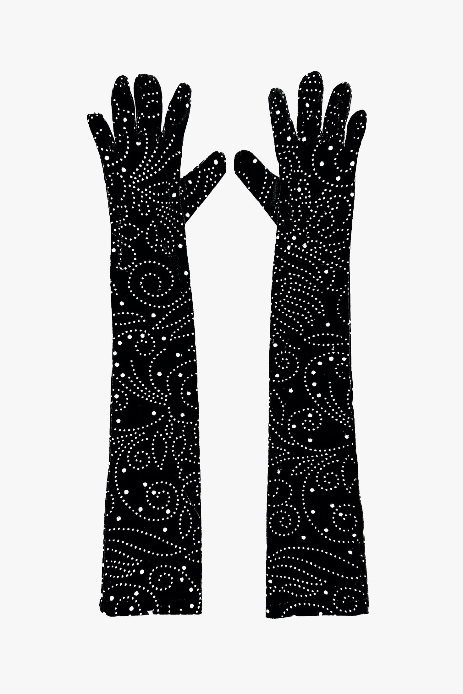 Jubilee Velvet Long Gloves Black with Metallic thread in floral pattern