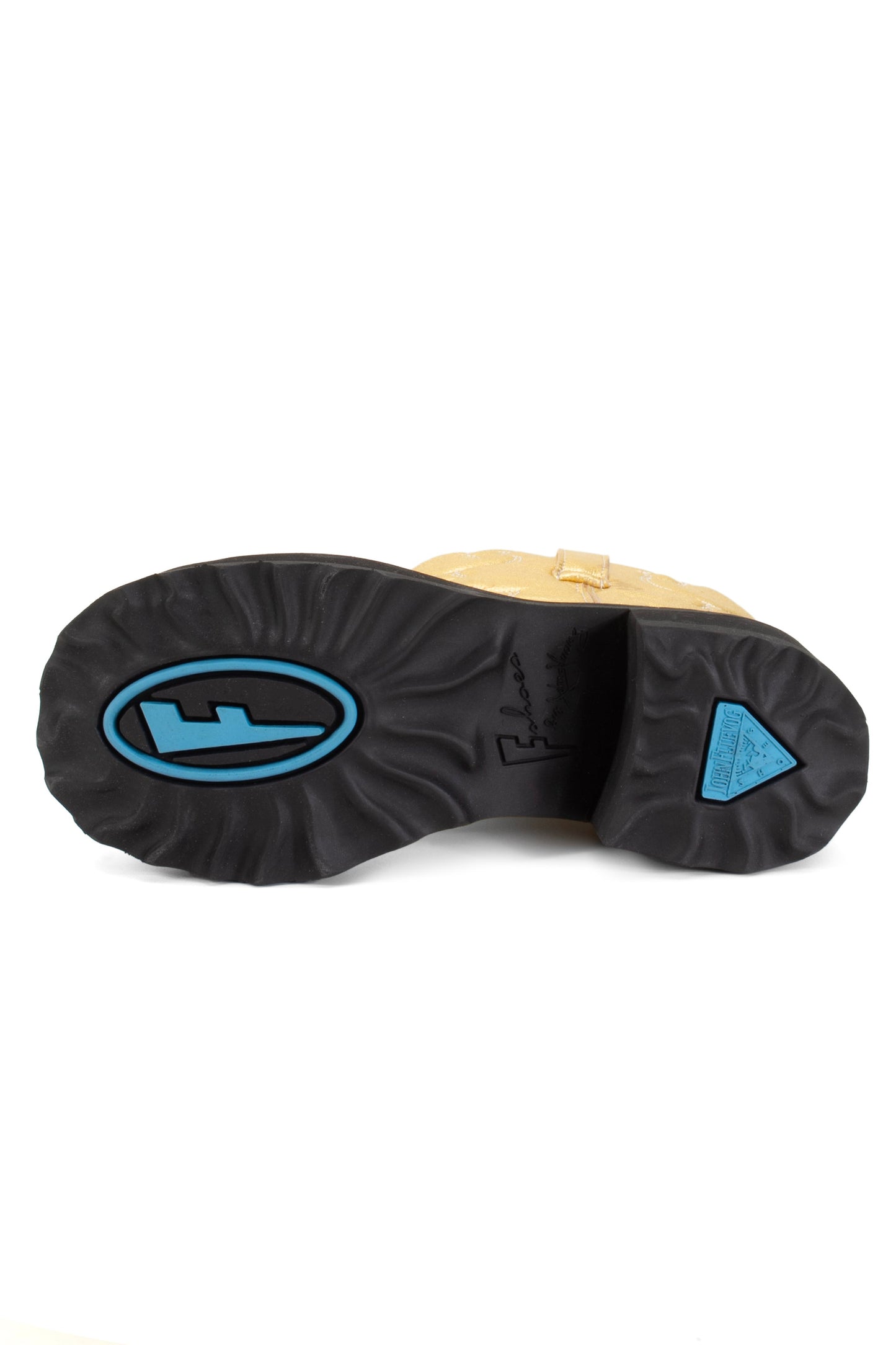 black wavy shape sole, blue F on front, signature is in the middle, blue J. Fluevog logo back